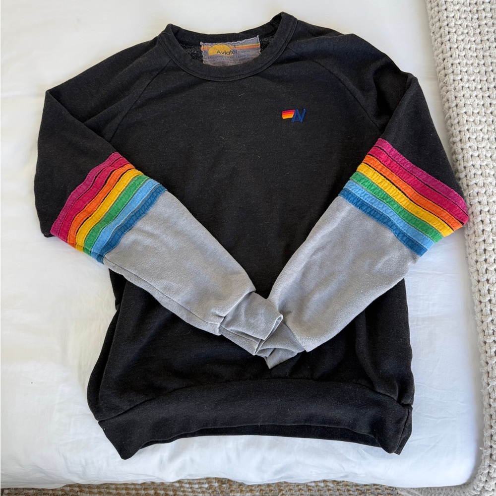 Aviator Nation Black Sweater with Rainbow Sleeves